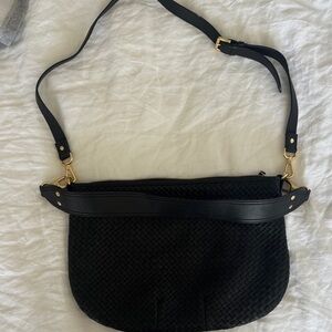 Quince Black Woven Leather Crossbody with Gold Hardware